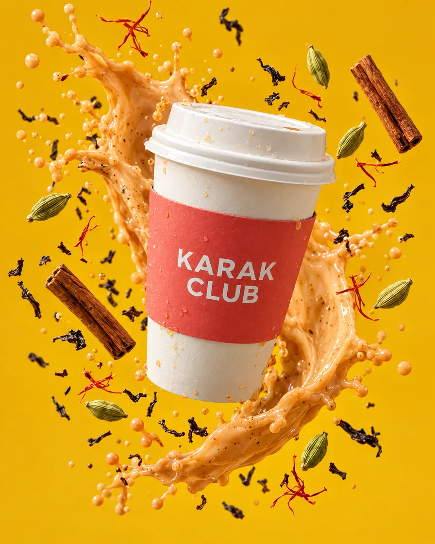 Karak Club: A karak cup exploding with tea, saffron and spices.