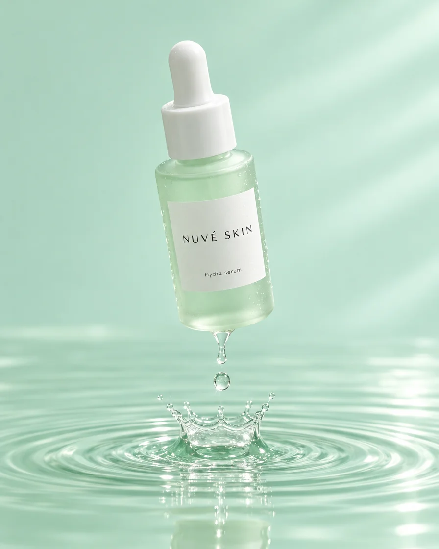 Nuvé Skin: A serum drop falling into still mint water.