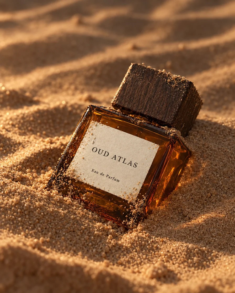 Oud Atlas: A perfume bottle half buried in desert sand, just discovered.